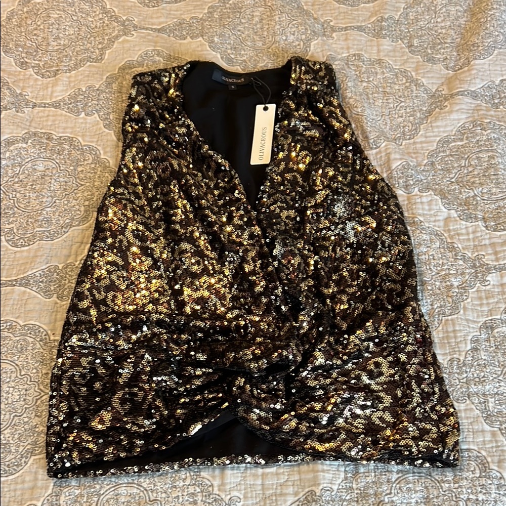 Express Shimmering Black and Gold Sequined Vest